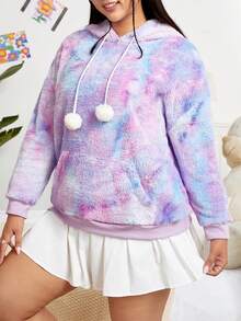 SHEIN EZwear Plus Size Tie Dye Kangaroo Pocket Drop Shoulder Drawstring Flannel Sweatshirt - Multicolor - View 4