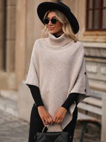Chiquease Turtleneck Button Detail Asymmetrical Hem Knit Poncho Knit Pullover Fall Winter Outfit - Khaki - View 6