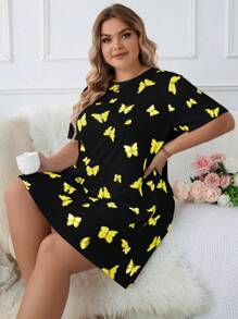 Plus Butterfly Print Pajama Nightdress - Black - View 1