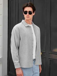 RueChic Men Solid Button Front Shacket - Light Grey - View 3