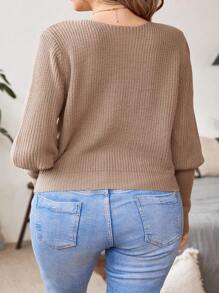 Celure 大碼素色條紋針織羊腿袖圍裹細節套頭毛衣 - 卡其色 - 查看 6