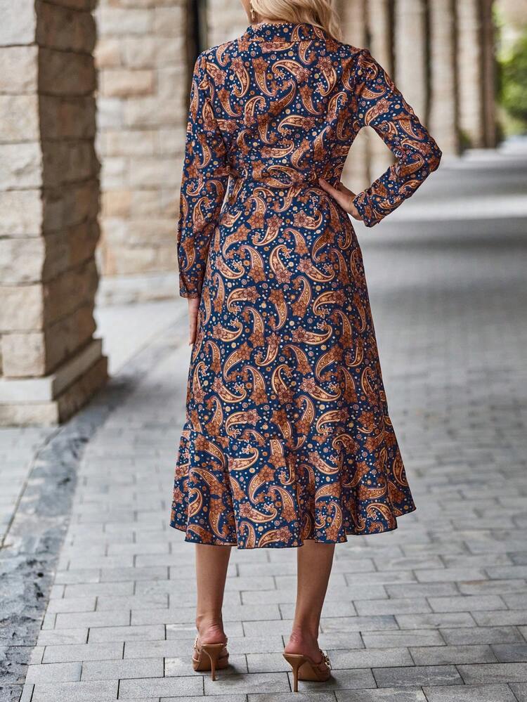 Paisley Print Flounce Sleeve Ruffle Hem Dress Fall Cloth For Women