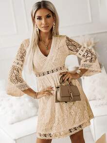 水溶蕾絲拼接荷葉袖洋裝 - 杏色 - 查看 5