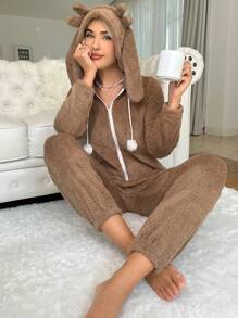 3D Ear Design Zipper Hooded Flannel Lounge Jumpsuit - Brown - View 6