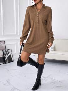 SHEIN Essnce Đầm Nút phía trước màu trơn Giải trí - Cà phê nâu - Xem 3