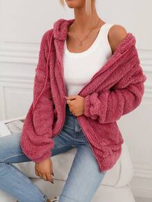 SHEIN LUNE Dual Pocket Drop Shoulder Drawstring Hooded Teddy Sweatshirt - Dusty Pink - View 3