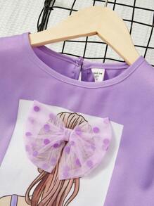 SHEIN Leap Crew 女大童人像圖案蝙蝠袖T恤&腰帶長褲 - 紫色 - 查看 3