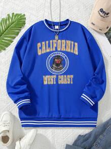 Teen Girl Letter Graphic Striped Trim Drop Shoulder Sweatshirt - Blue - View 1