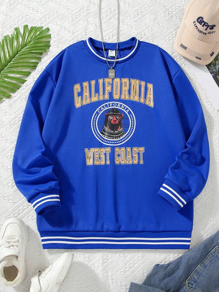 Teen Girl Letter Graphic Striped Trim Drop Shoulder Sweatshirt