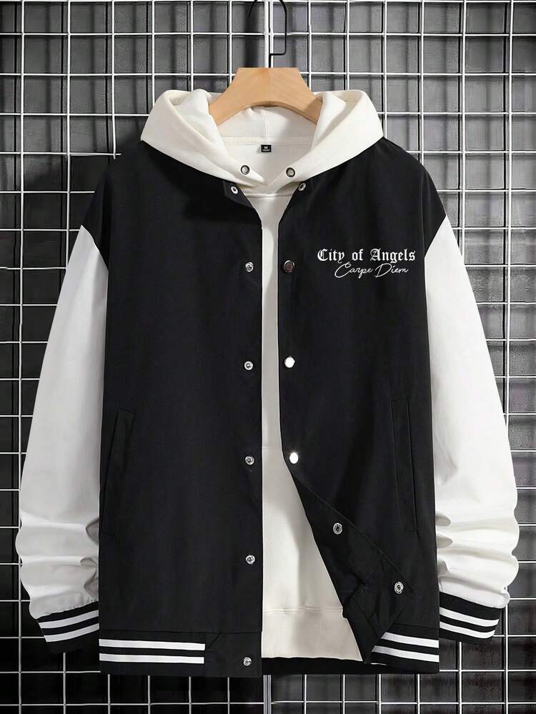 Loose Fit Men's Slogan Graphic Striped Trim Varsity Jacket Without Hoodie