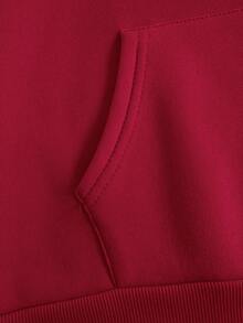 SHEIN EZwear 字母圖案袋鼠口袋抽繩保暖連帽衫 - 酒紅色 - 查看 4