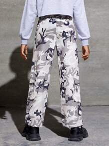 SHEIN 女大童迷彩印花側翻蓋口袋工裝褲 - 彩色 - 查看 2