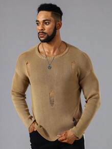 Manfinity LEGND Men Solid Ripped Drop Shoulder Sweater - Camel - View 7