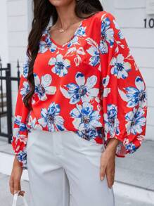 SHEIN Clasi Floral Print Lantern Sleeve Blouse - Multicolor - View 6