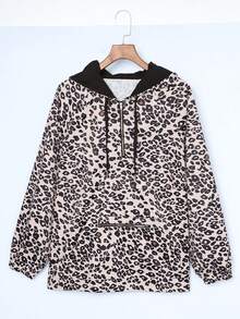 Plus Leopard Print Kangaroo Pocket Drawstring Hoodie - Brown - View 4