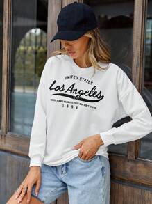 EURMUSE Women's Letter Print Drop Shoulder Long Sleeve Casual Crew Neck Sweatshirt - White - View 1