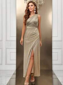 SHEIN Belle 不对称颈部裹身下摆闪光连衣裙，半正式礼服优雅舞会晚会婚礼宾客礼服，适合毕业典礼、晚宴派对礼服 - 杏色 - 查看 4