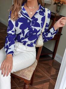 SHEIN LUNE Allover Floral Print Button Through Shirt - Blue and White - View 3