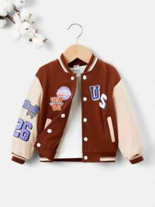 SHEIN Baby Boy Letter Graphic Colorblock Varsity Jacket Without Tee - Brown - View 1