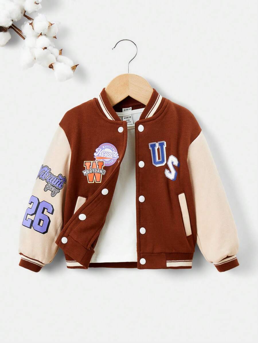 SHEIN Baby Boy Letter Graphic Colorblock Varsity Jacket Without Tee - Brown - View 1