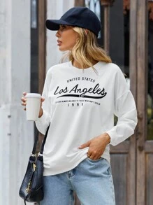 EURMUSE Women's Letter Print Drop Shoulder Long Sleeve Casual Crew Neck Sweatshirt - White - View 3