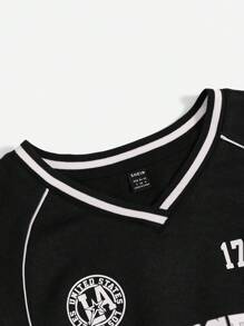 SHEIN EZwear Letter Graphic Contrast Piping Drop Shoulder Sweatshirt - Black - View 4