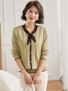 Contrast Trim Tie Neck Sweater - Green - View 5