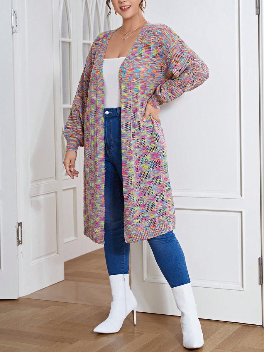 SHEIN Essnce 大码段染落肩开衫 - 彩色 - 查看 1