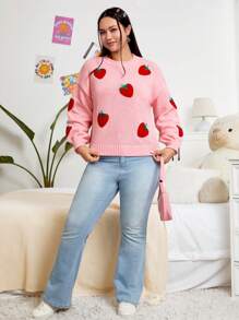 SHEIN Qutie Plus Strawberry Embroidery Drop Shoulder Sweater - Pink - View 4