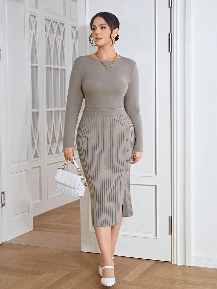 Plus Ribbed Knit Sweater & Button Detail Knit Skirt