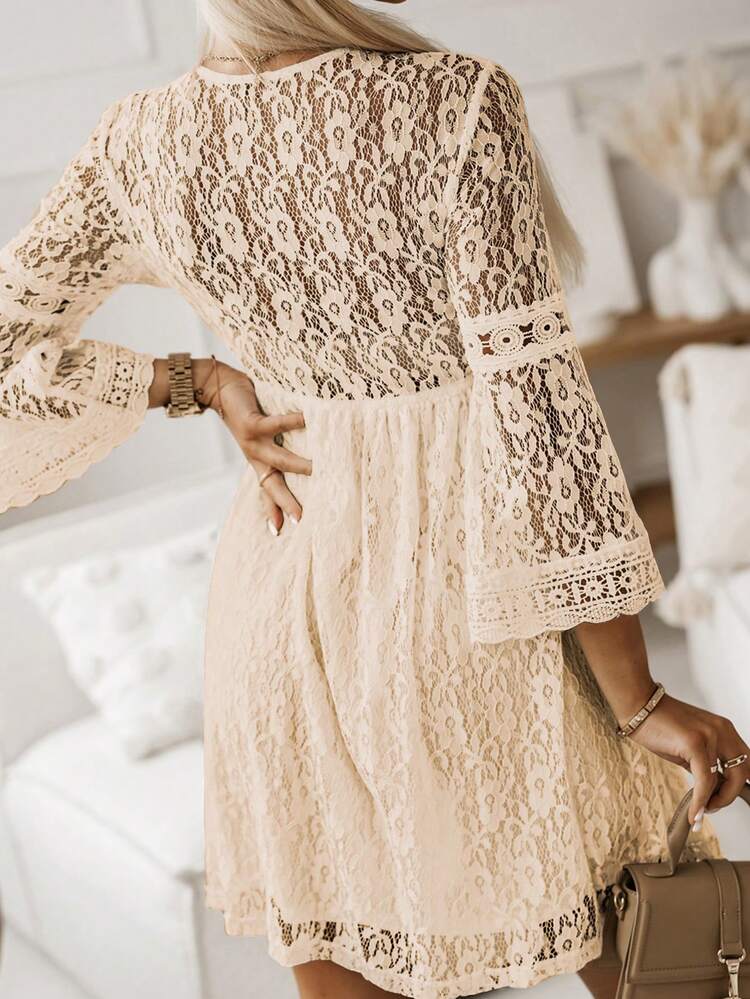 chinese dress ladies SHEIN Modely Flounce Sleeve Mermaid Hem Guipure Lace Prom Dress, M1431601,  Camel, M : Buy Online at Best Price in KSA main image 1