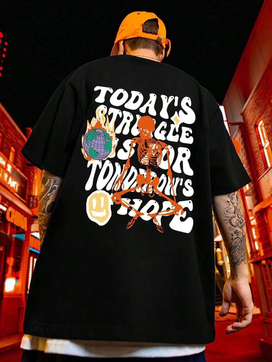 Manfinity LEGND Hombres talla grande Camiseta esqueleto con con estampado de slogan - Negro - Ver 1