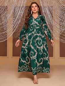 YISIKADO Plus Baroque Print Flare Sleeve Lace Up Front Dress - Multicolor - View 6