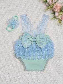 女嬰蕾絲拼接前蝴蝶結連體衣和頭巾拍攝套裝 - 藍色 - 查看 3