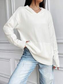 SHEIN Unity 袋鼠口袋落肩袖連帽套頭毛衣 - 白色 - 查看 5