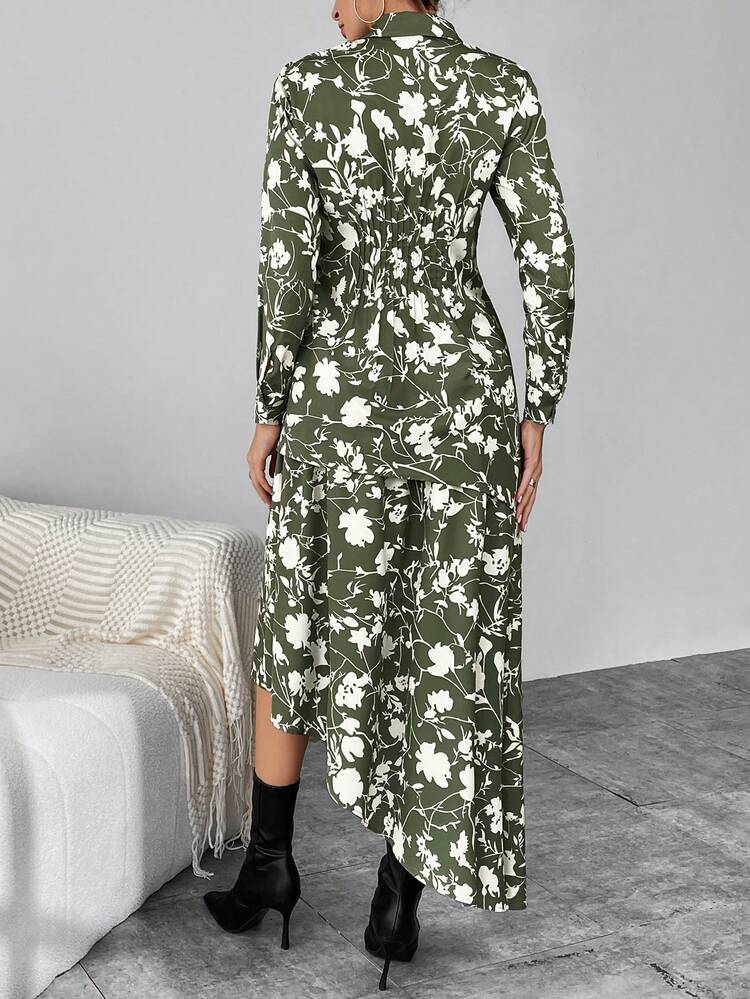 Allover Print Asymmetrical Hem Blouse & Skirt