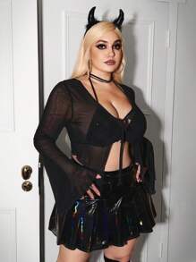 SHEIN ICON 大碼前繫帶喇叭袖網紗上衣不附胸罩 - 黑色 - 查看 4