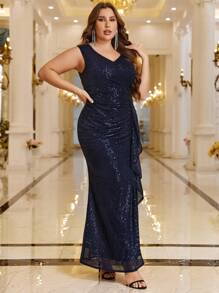 SHEIN Belle 大碼側垂荷葉邊高衩亮片正式洋裝 - 藏蓝色 - 查看 5