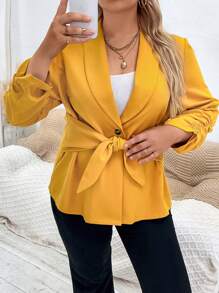 Calvaya 大碼青果領抽褶袖前繫帶西裝外套 - 黃色 - 查看 3