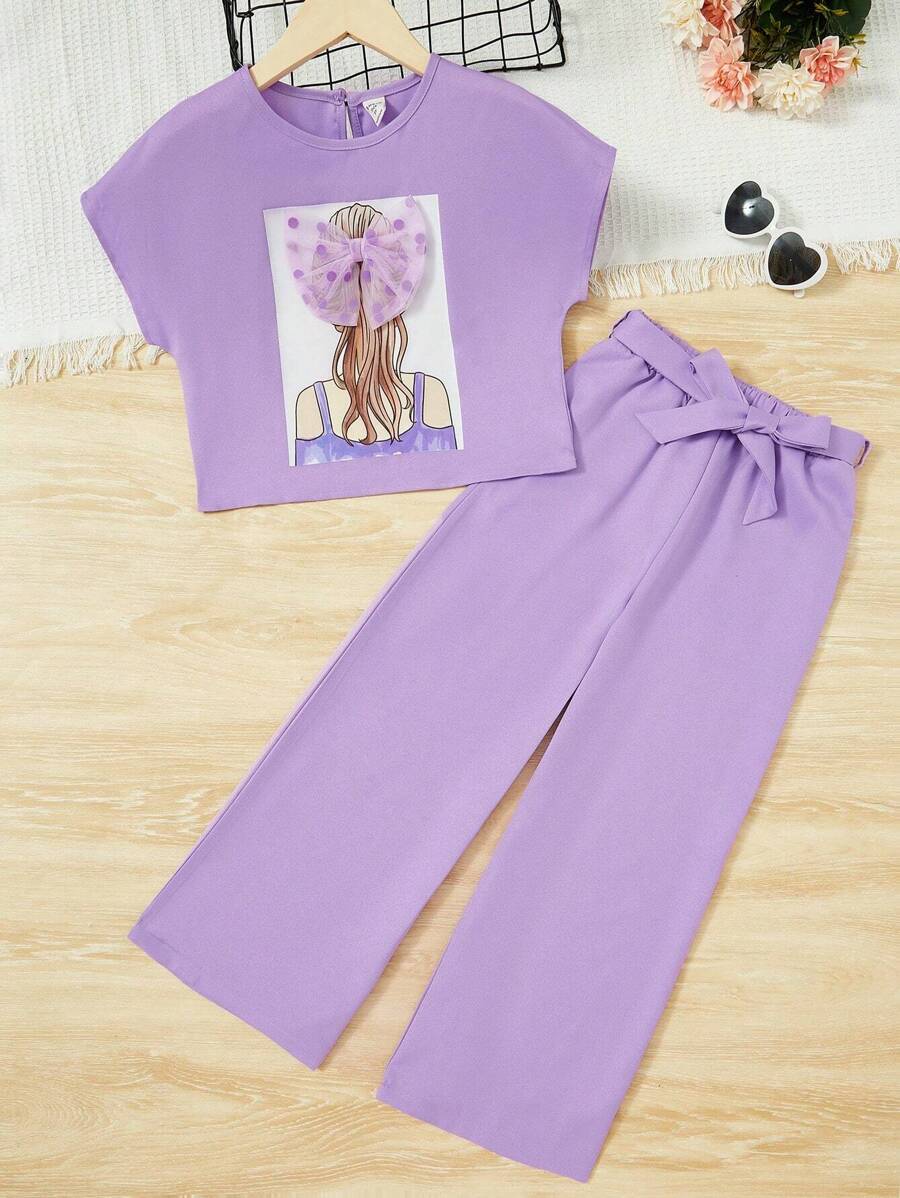 SHEIN Leap Crew 女大童人像圖案蝙蝠袖T恤&腰帶長褲 - 紫色 - 查看 1