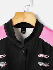 SHEIN Coolane 字母圖案撞色落肩袖夾克 - 彩色 - 查看 3