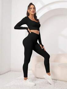 SHEIN Sport Studio Solid Thumbholes Crop Sports Tee & Crop Sports Tee & Leggings Workout Dames Setvrouwen Workout Set Vrouwen Leggings Set