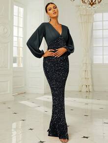 Missord Lantern Sleeve Sequin Formal Dress - Black - View 3
