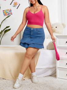 SHEIN EZwear Hơn Chất rắn Ngắn Cami Knit Top - Màu Hồng Tươi - Xem 5