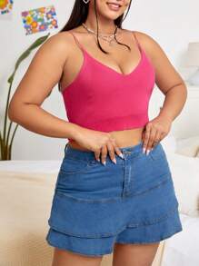 SHEIN EZwear Hơn Chất rắn Ngắn Cami Knit Top - Màu Hồng Tươi - Xem 4