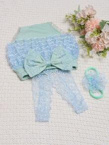 女嬰蕾絲拼接前蝴蝶結連體衣和頭巾拍攝套裝 - 藍色 - 查看 7