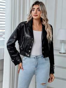 女式简约短款 PU 皮革机车夹克，秋冬 - 黑色 - 查看 3