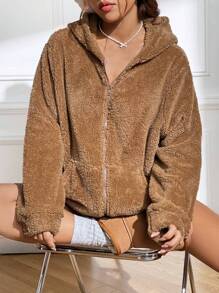 SHEIN EZwear Bear Embroidery Zip Up Hooded Teddy Jacket In Fall/Winter - Multicolor - View 6