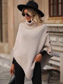 Chiquease Turtleneck Button Detail Asymmetrical Hem Knit Poncho Knit Pullover Fall Winter Outfit - Khaki - View 1