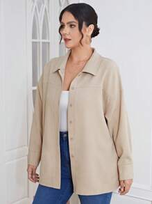 SHEIN Essnce Plus Solid Button Front Drop Shoulder Coat - Beige - View 5